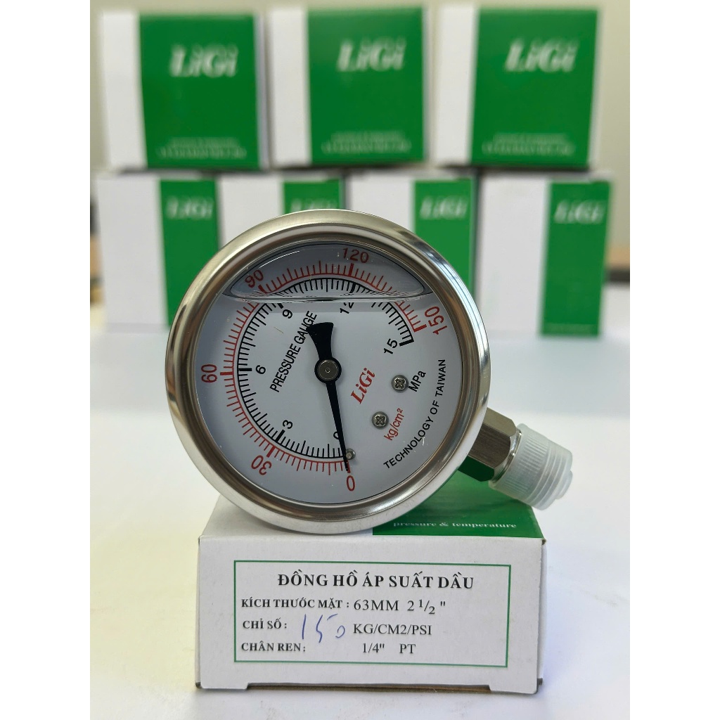 Đồng hồ đo áp suất vành phi 63 có dầu dải đo 0-150 kg/cm2, 0-35 kg/cm2, Áp suất âm- 760 mmHg