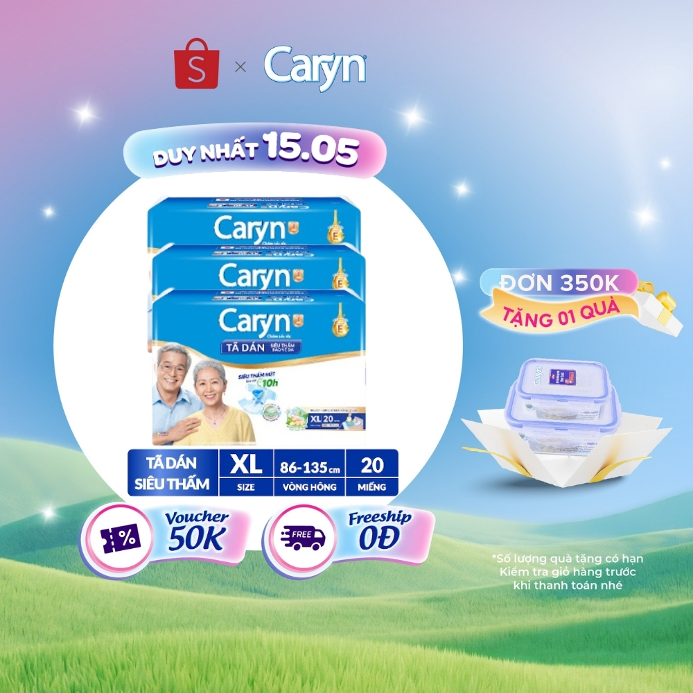 Bộ 3 Tã/Bỉm dán người lớn siêu thấm Caryn dành cho người hạn chế khả năng đi lại Size XL (10/20pcs)