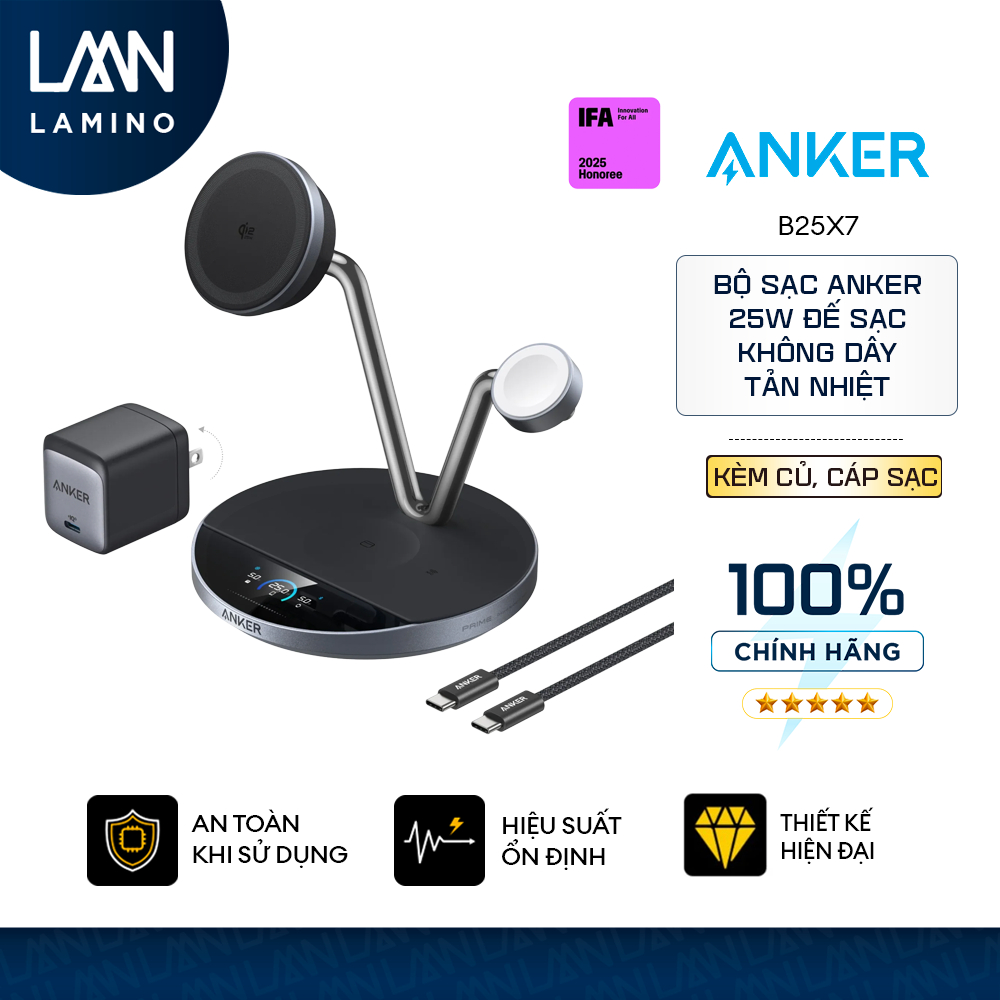 Đế sạc không dây 3in1 Anker Prime MagGo | Sạc nhanh iPhone 12–17, Apple Watch, AirPods – AirCool, NF