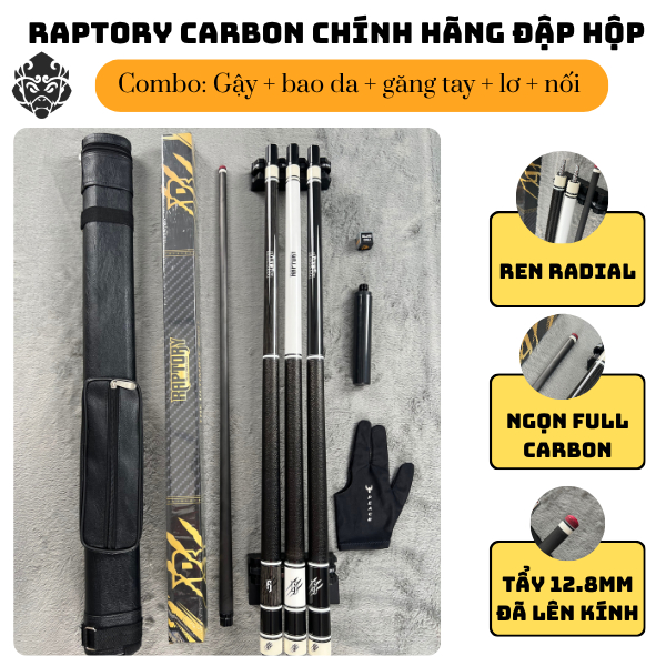 COMBO RAPTORY FULL CARBON HÀNG ĐẬP HỘP CHÍNH HÃNG Gậy Bida Cá Nhân [Tặng Kèm nối]–Đầu Tẩy 12.8mm, Cơ