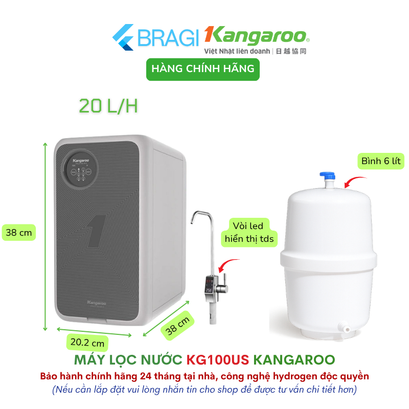 Máy lọc nước Hydrogen Kangaroo KG100US, 20 lít/h, Bảo hành 24 tháng, vòi mới thông minh