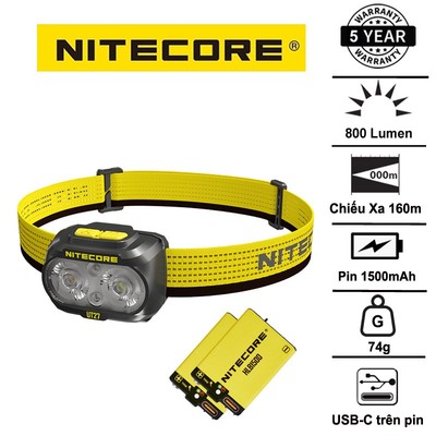 Đèn pin đội đầu NITECORE UT27 800lm siêu nhẹ 74g kèm 02 pin 1500mAh sạc USB C chuyên chạy trail