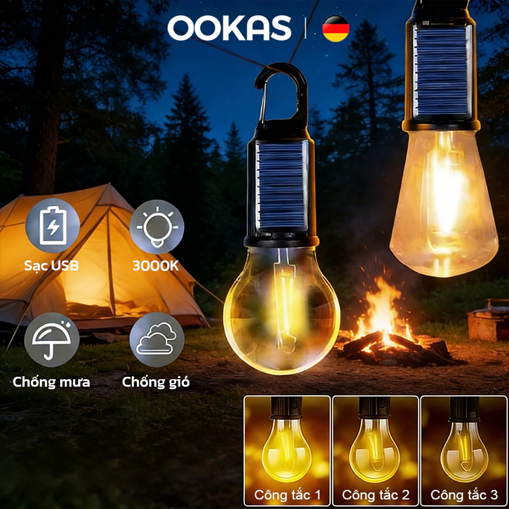 OOKAS Đèn LED Năng Lượng Mặt Trời Đèn Cắm Trại Camping – Thời gian chiếu sáng lên đến 8 giờ