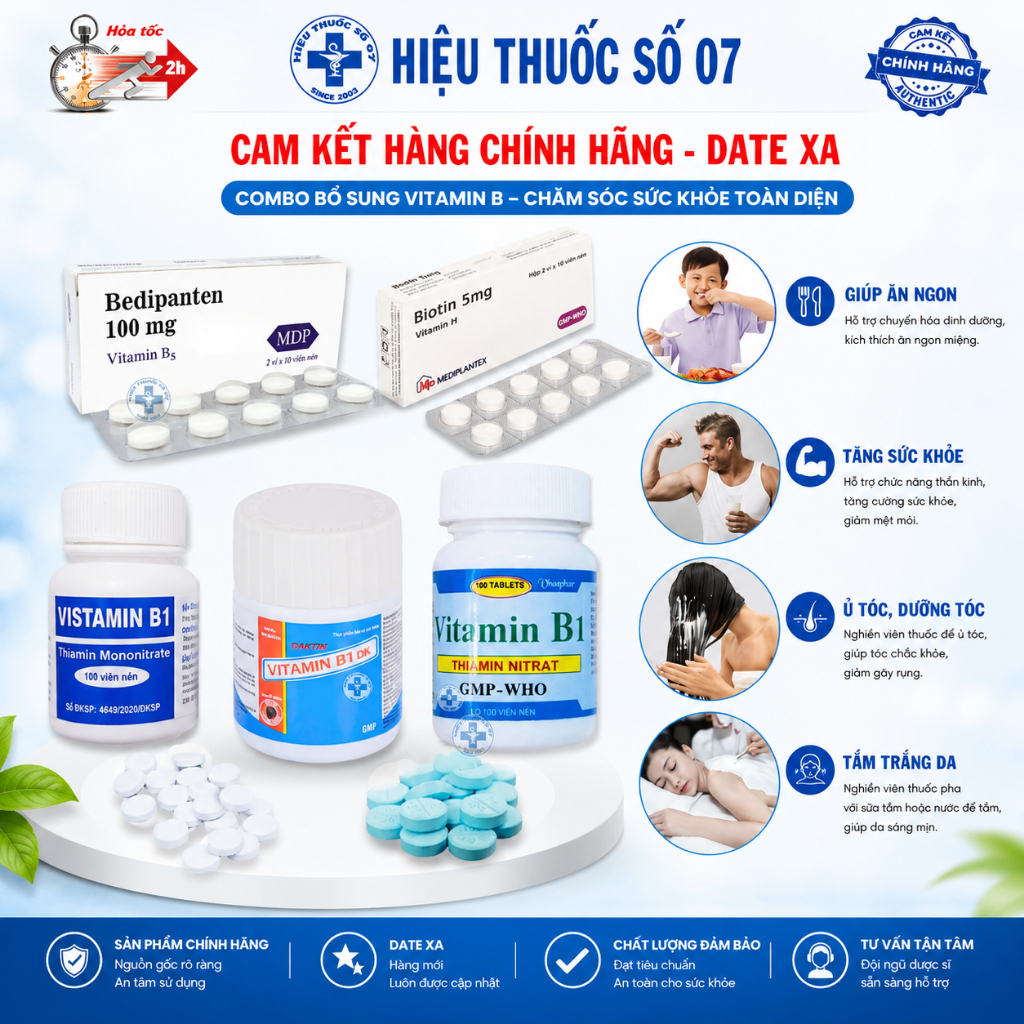 Combo vitamin B1, B5, H, Biotin, Bedipanten - Hỗ trợ dưỡng tóc giảm gãy rụng và dưỡng trắng da