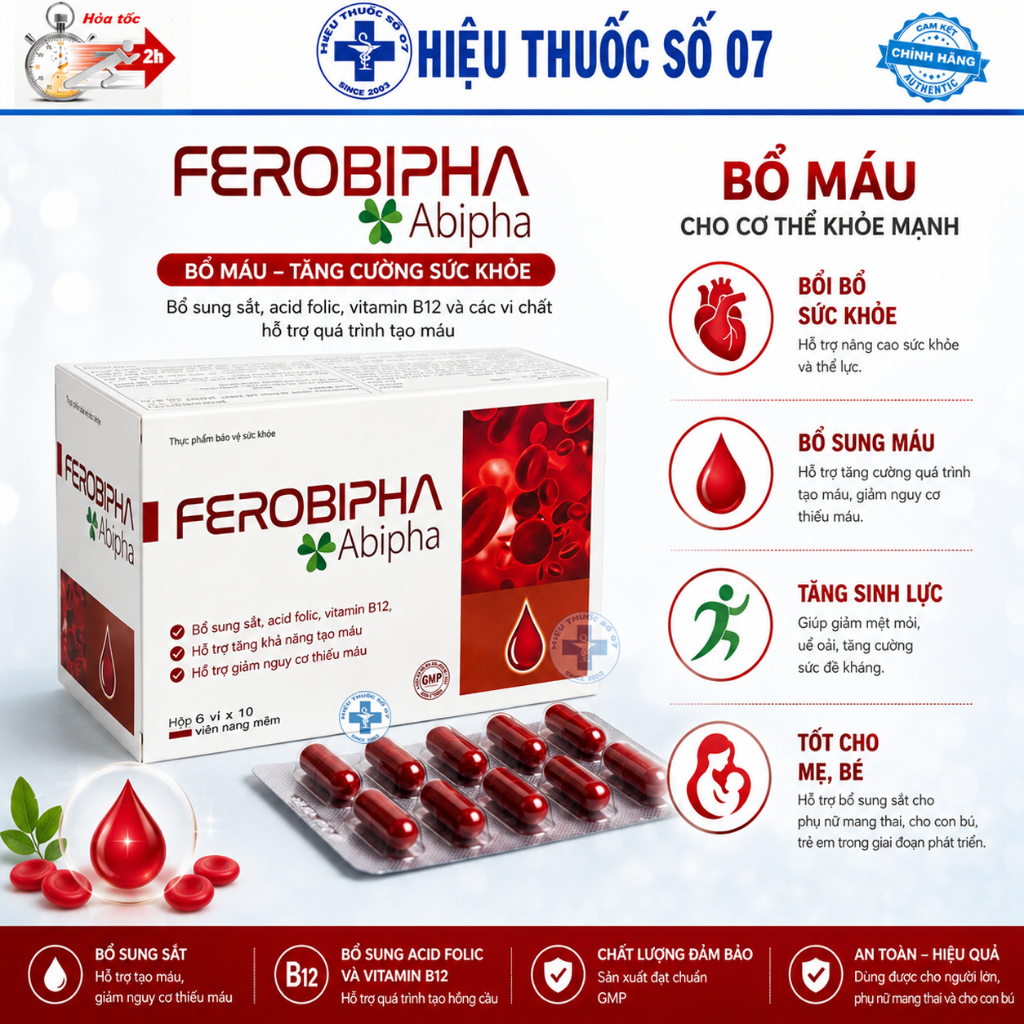 Viên bổ máu, hỗ trợ nguy cơ thiếu máu, thiếu sắt Ferobipha kết hợp vitamin B9-B12 Hộp 6 vỉ x 10 viên