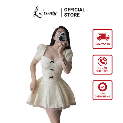 Váy Tiểu Thư Cổ Vuông Đính Nơ Đen LECOONG V868 Váy Đẹp Dáng Xòe Màu Kem Sang Chảnh