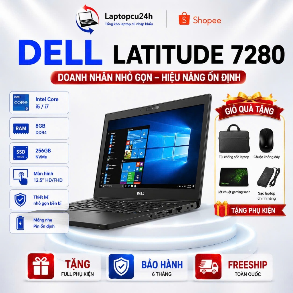 Laptop mini 12inch Dell 7280 Core i7  Ram 8Gb/SSD 256Gb Mỏng nhẹ-Cảm Ứng Đẹp keeng 99%