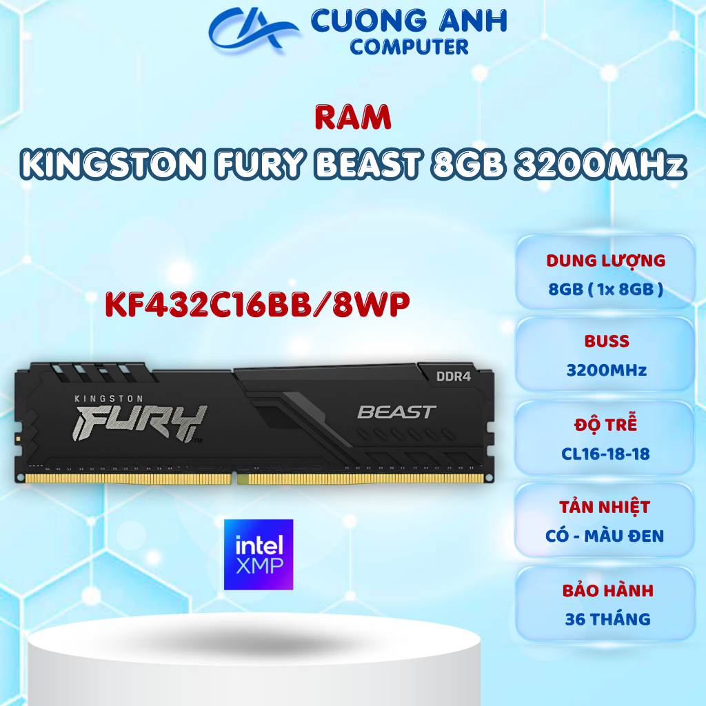 RAM KINGSTON FURY BEAST 8GB ( 1x8GB) DDR4 3200MHz (KF432C16BB/8WP). Hàng mới chính hãng