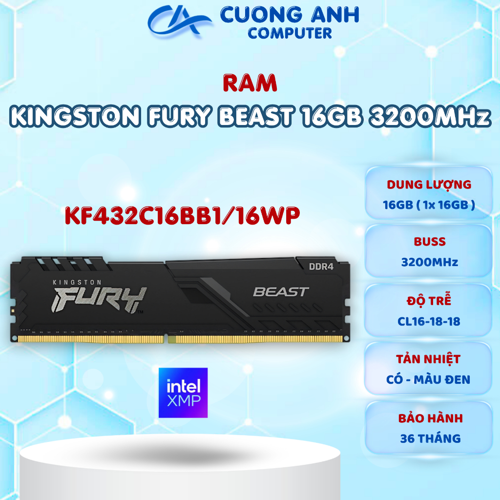 RAM KINGSTON FURY BEAST 16GB (1x16GB) DDR4 3200Mhz (KF432C16BB1/16). Hàng mới chính hãng