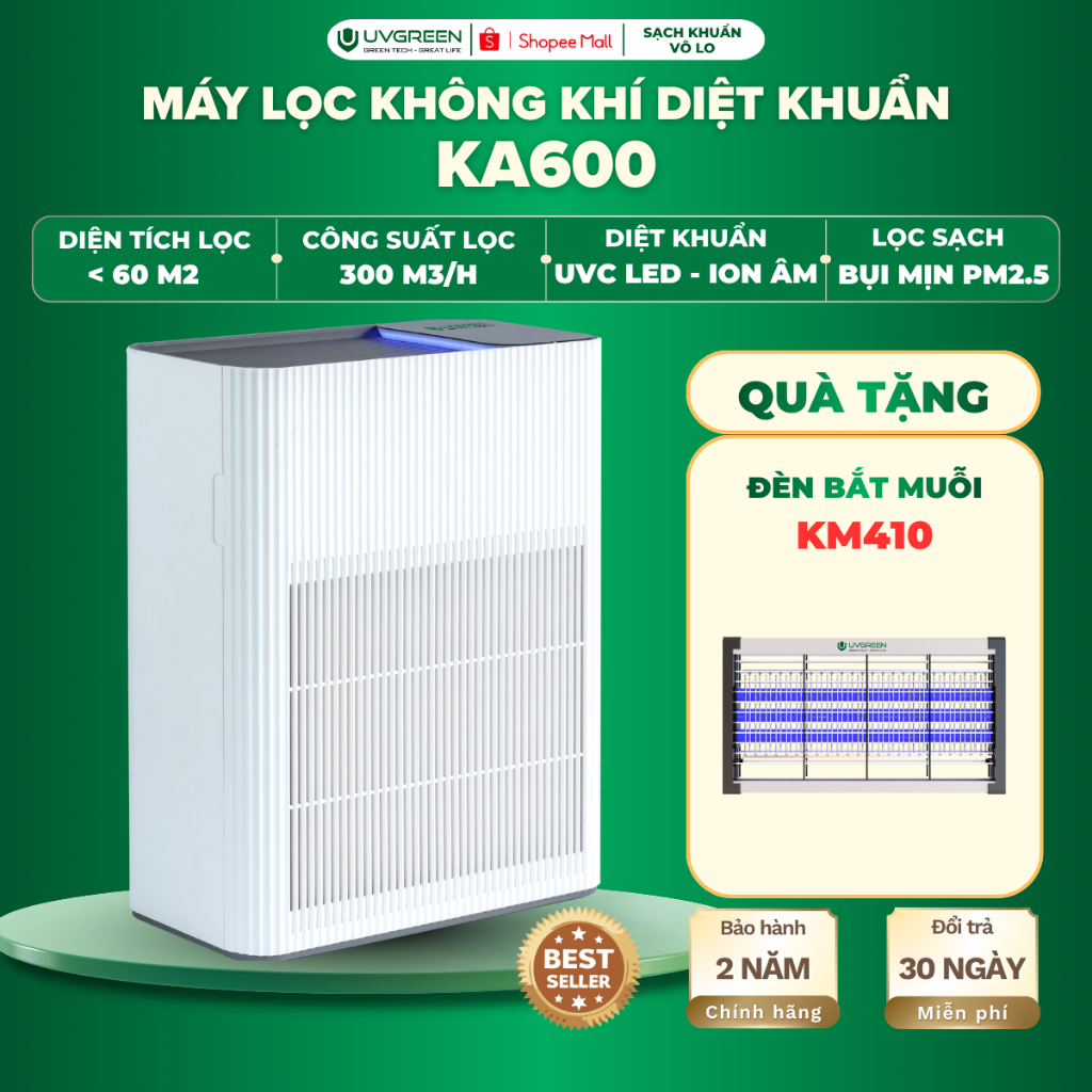 [TẶNG BẮT MUỖI] Máy Lọc Không Khí Diệt Khuẩn UVGREEN KA600 60m2, UVC Led, Ion Âm, HEPA H13 Lọc Bụi M