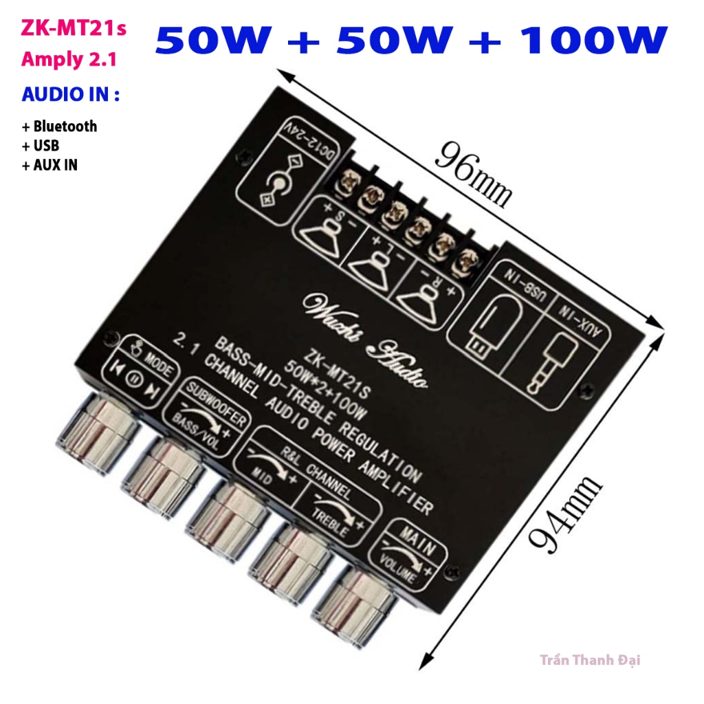 Amply khếch đại công suất âm thanh ZK-MT21s, xuất kênh audio 2.1 ra 3 kênh R/L và SUB
