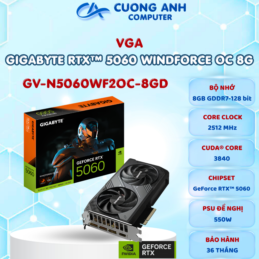 Card đồ họa GIGABYTE RTX 5060 WINDFORCE OC 8GB (N5060WF2OC-8GD). Hàng mới chính hãng