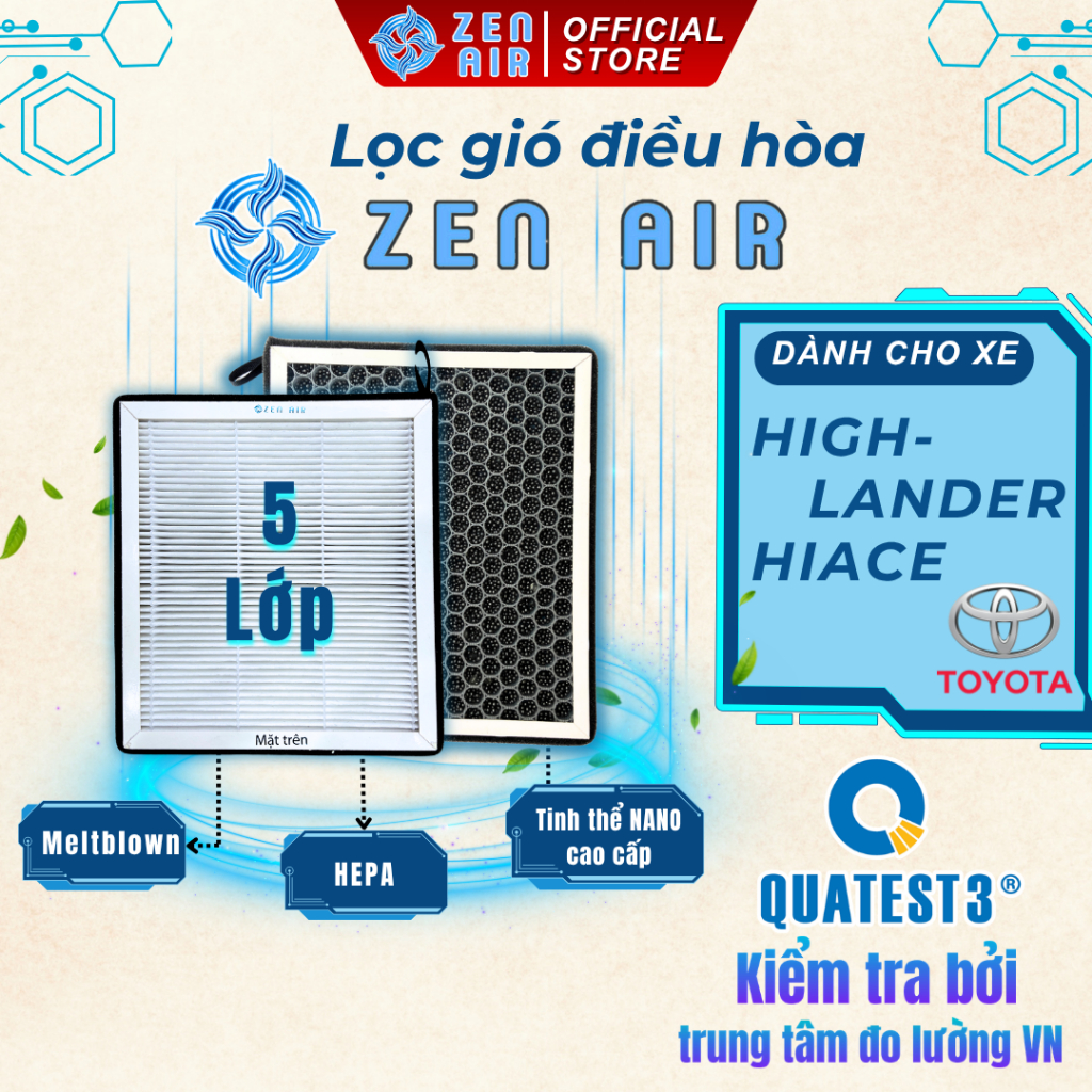Lọc gió điều hòa HIGHLANDER, HIACE lọc bụi mịn, Khử Độc, mùi thơm - ZEN AIR