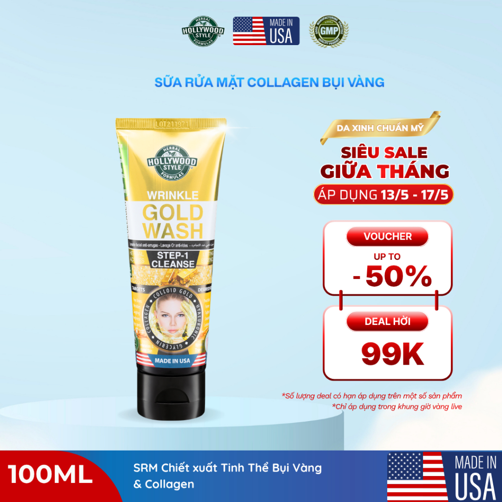 Gel Rửa Mặt Hollywood Style Giảm Nếp Nhăn Tinh Chất Vàng Wrinkle Gold Wash 100ml