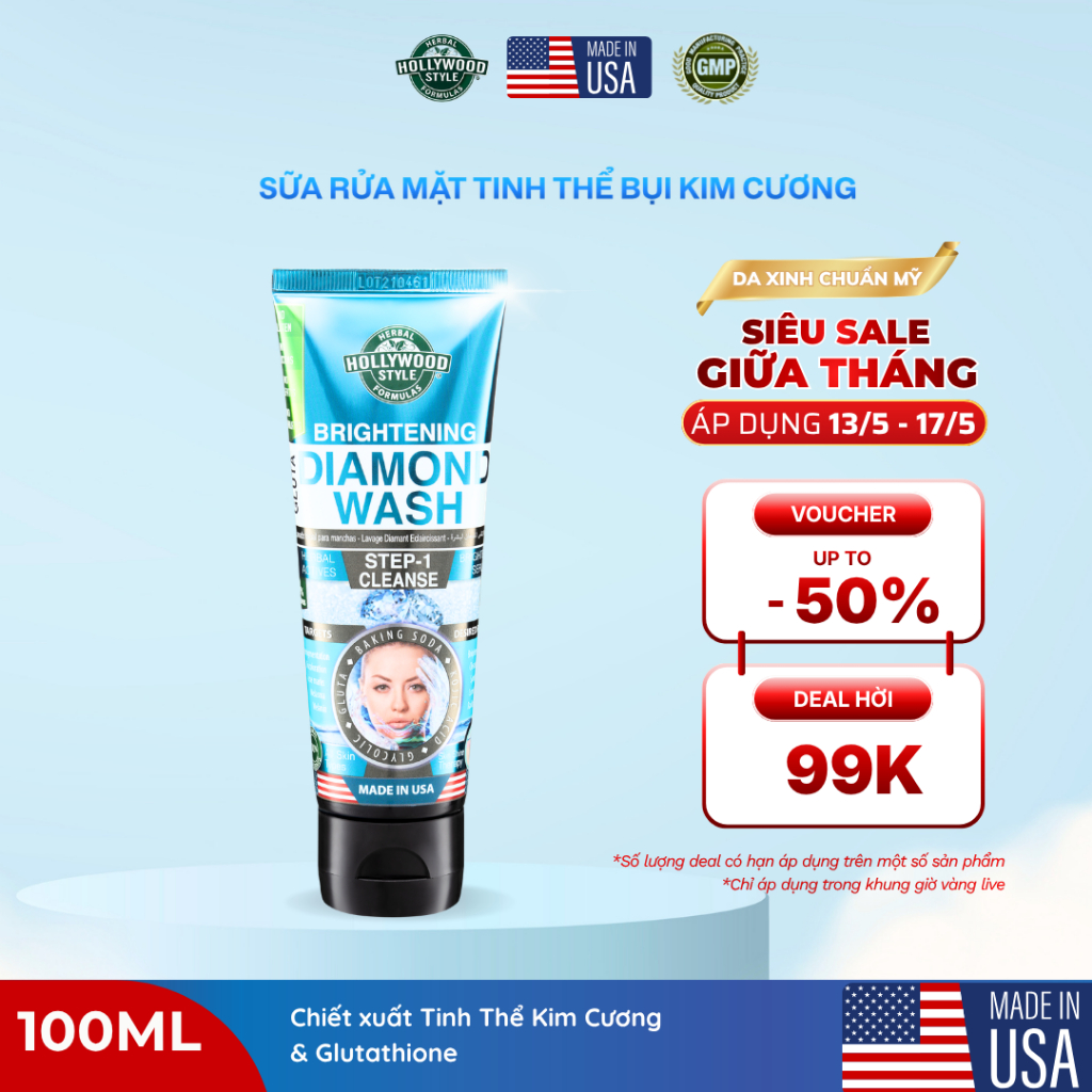 Gel Rửa Mặt Brightening Diamond Wash 100ml - Hollywood Style - Dưỡng Trắng Da Tinh Chất Gluthathione