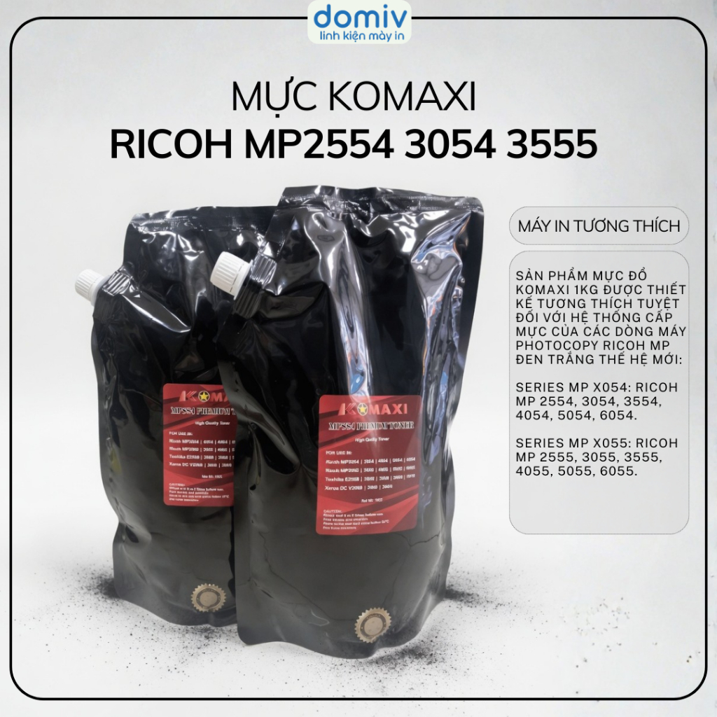 Mực Gói Komaxi Bao Đen Cho Ricoh MP2554 MP3054 MP3554 MP4054 MP5054 MP6054 In Đậm Nét Sạch Nền Ổn Đị