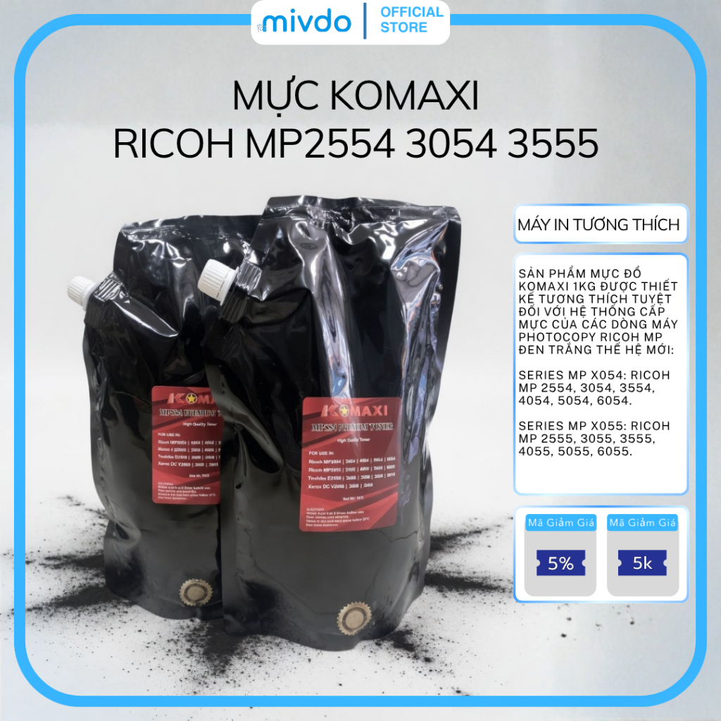 Mực Đổ Komaxi Dùng Cho Ricoh MP2554 MP3054 MP3555 MP4055 MP5054 MP6054 Chất Lượng Cao 1Kg