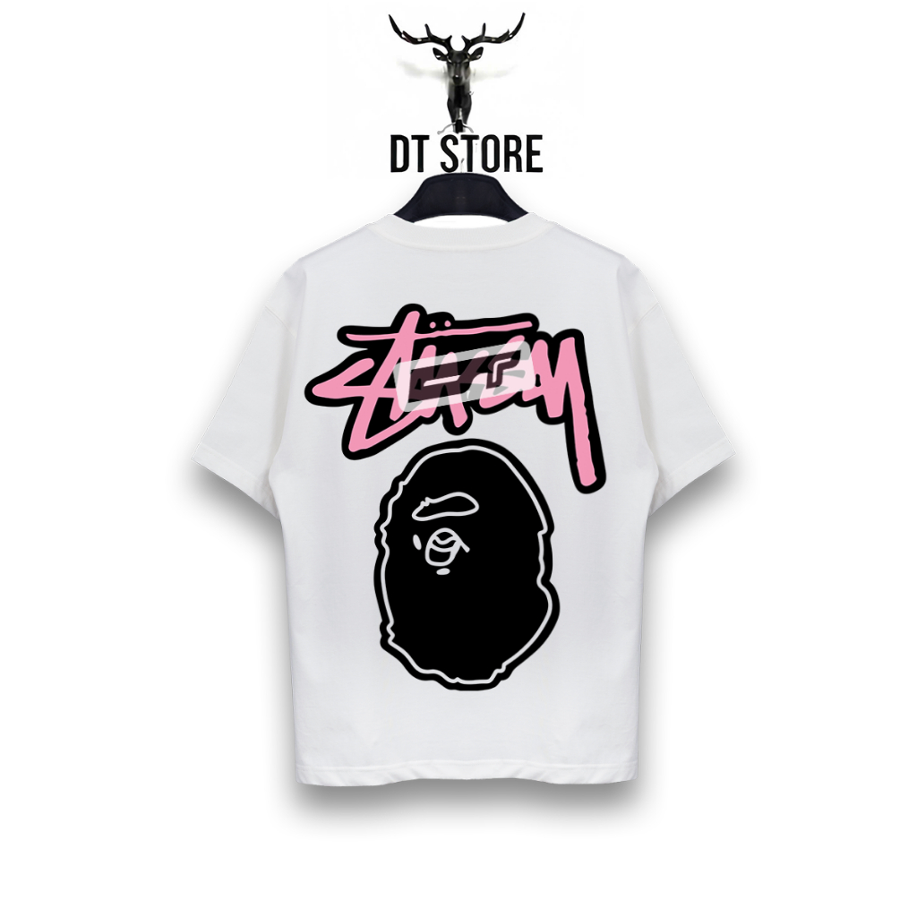 ÁO THUN STUSSY X BAPE PINK APE HEAD COTTON CAO CẤP FORM RỘNG UNISEX - DT STORE - STU085