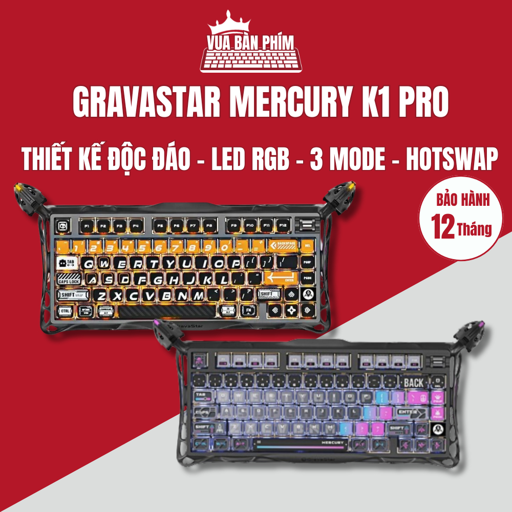 Bàn phím cơ Gravastar Mercury k1 pro không dây, khung nhôm led rgb , hotswap , led viền , thiết kế đ