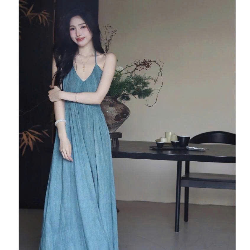 YUK- ĐẦM HAI DÂY BÒ DENIM DÁNG DÀI NỮ CHUN LƯNG, VÁY ĐI BIỂN HAI DÂY NỮ DÁNG MAXI LK1