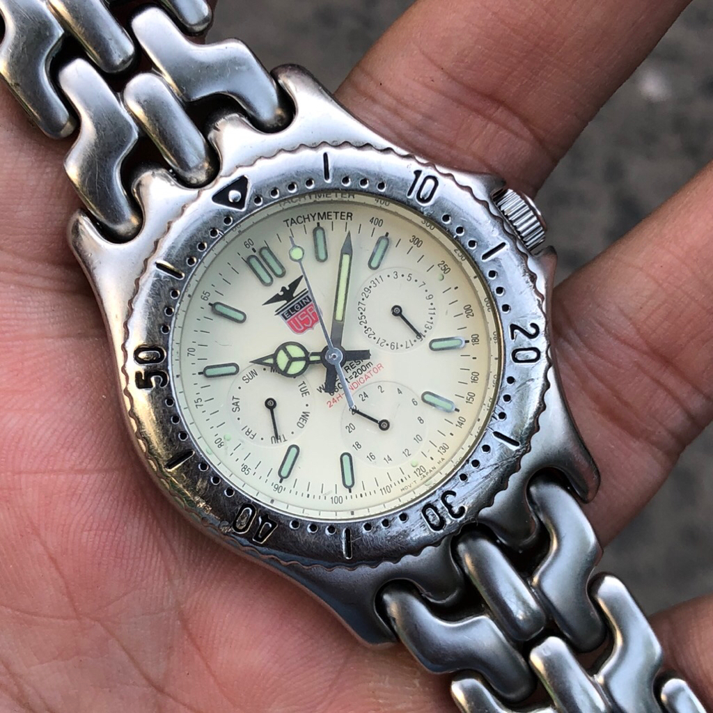 Đồng hồ Nam Elgin USA 6kim mặt trắng dây xương cá