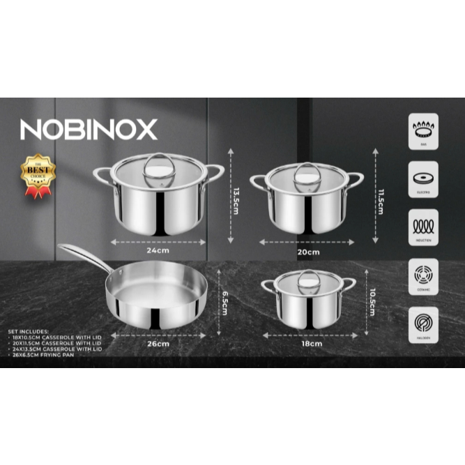 BỘ NỒI CHẢO 4 MÓN NOBINOX PLANUM NX800 | Đáy liền khối cao cấp, dày nặng inox 304