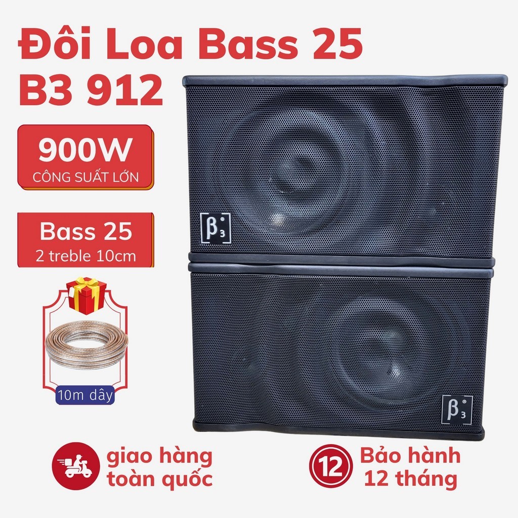 Đôi Loa Bass 25 B3 B-912 Nhật Bãi Xịn - Công Suất Khủng 900W, 2 Treble Tiếng Sáng (Tặng 10M Dây)