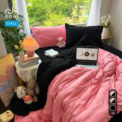 Bộ vỏ chăn mền ga gối GONI CHILL màu Black Pink Đen Hồng-Ga drap giường bo chun cao 4-25cm kích thước 1m,1m4,1m6,1m8,2m2
