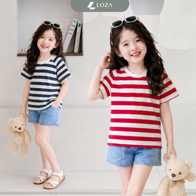 Áo phông bé gái kẻ ngang nhiều màu size từ 15-45 kg chất liệu cotton giấy mỏng mát Loza Kids - PH403331