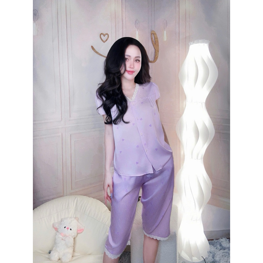 Bộ pijama lụa latin thiết kế cao cấp quần NGỐ LỬNG áo cộc phối REN mềm ( quần có hoạ tiết thêm sọc d