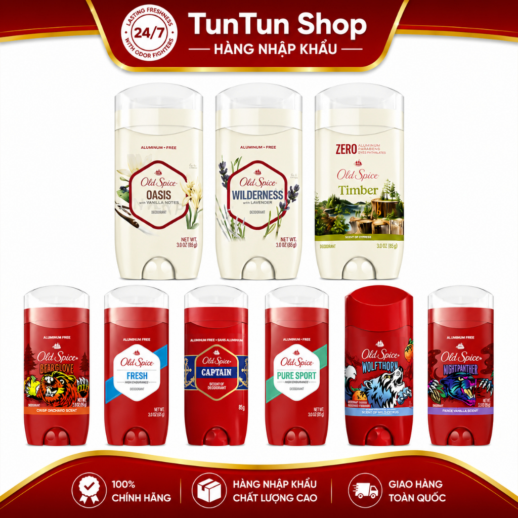 Bộ lăn khử mùi Old Spice Bearglove, Wolfthorn, Timber, Fiji, Pure Sport, Fresh, Original 73g | 85g