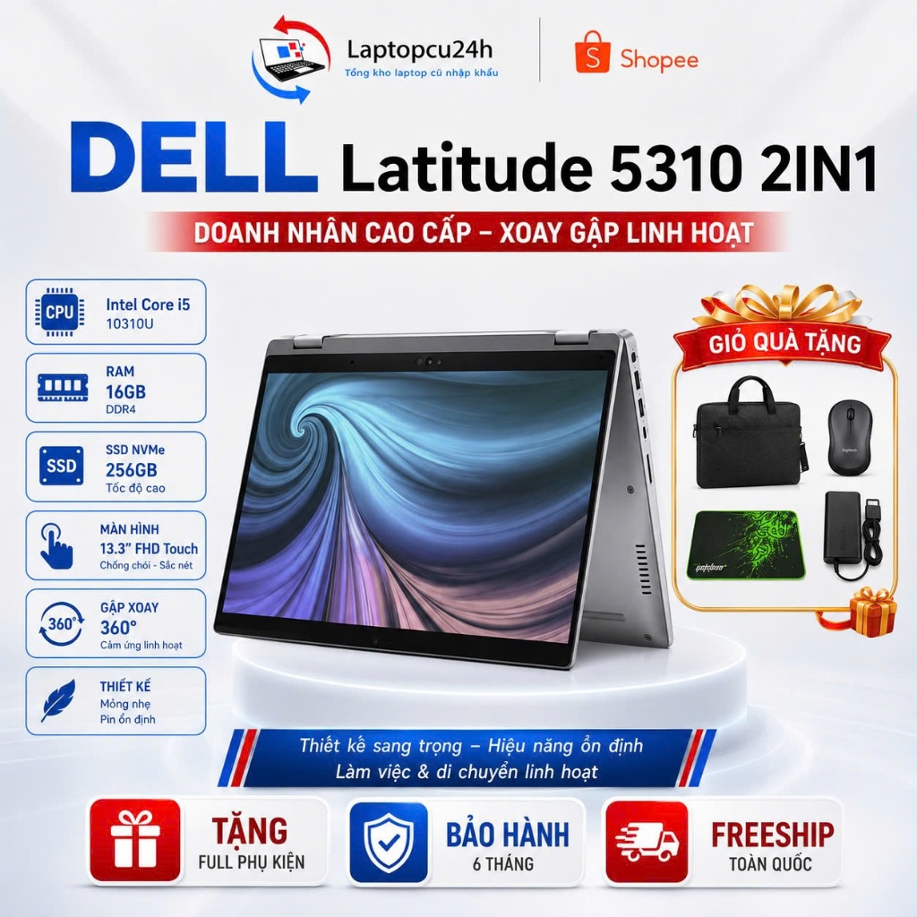 Máy Tính Dell latitude 5310 2in1Core i5 gen 10 Ram 16G Gập 360 cảm ứng Đời mới