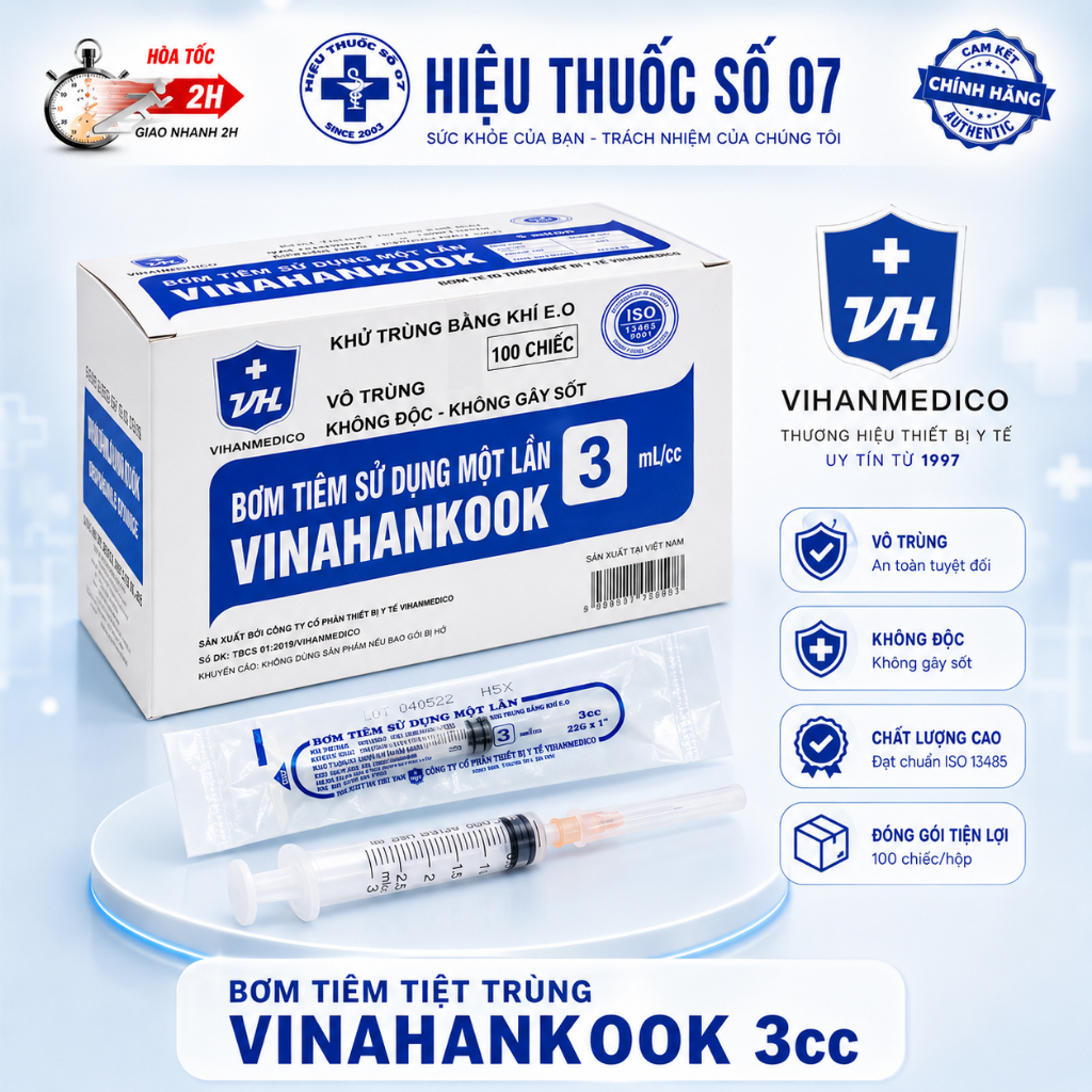 Combo 5 ống bơm tiêm sử dụng một lần Vinahankook 3cc 23G được khử trùng bằng khí E.O
