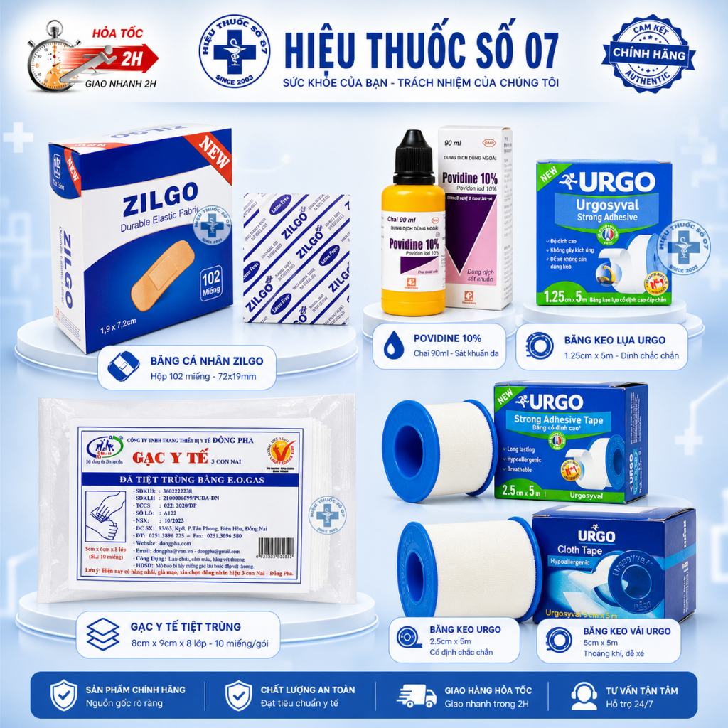 Băng keo cá nhân Zilgo Urgo | Băng gạc y tế | Gạc y tế | Băng gạt sơ cứu sát khuẩn Povidine