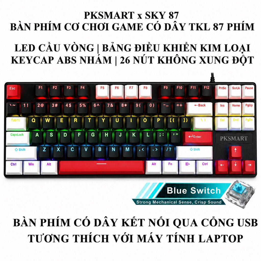 Bàn Phím Cơ Chơi Game Có Dây 87 Nút - PKSMART x SKY - Keycaps ABB Nhán Xuyên Led - LED Cầu Vồng Nhiề