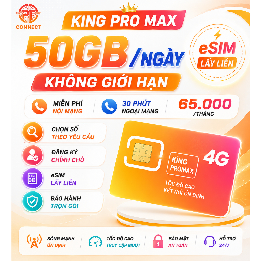 Sim 4G 50GB/Ngày Vietnamobile – King Pro Max – eSIM Lấy Liền, 30 Phút Ngoại Mạng