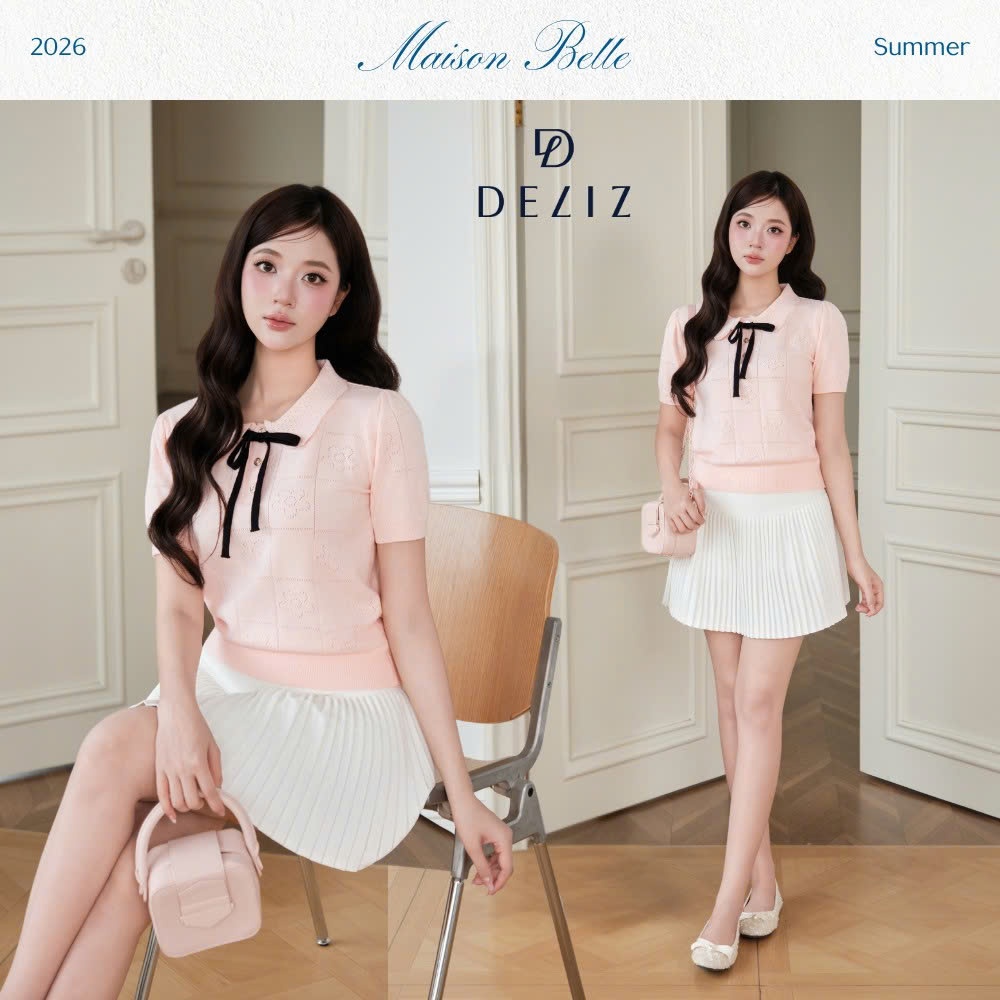 DELIZ - Áo len nữ cổ sen phối nơ dệt đục lỗ thoáng khí kết hợp họa tiết hoa dễ thương DELIZ PL308 | BigBuy360 - bigbuy360.vn