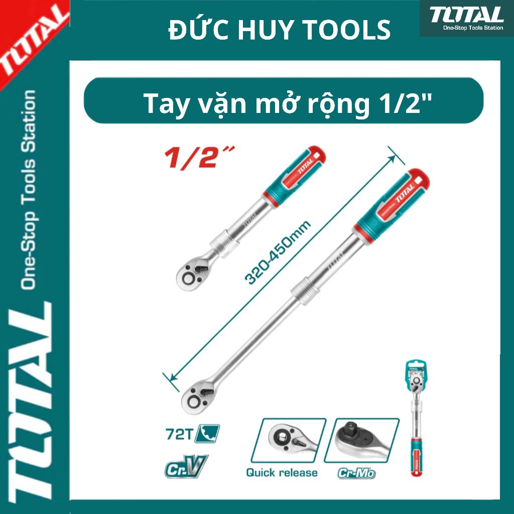 Tay Vặn Mở Rộng 1/2" Dài 320-450mm TOTAL THT106128L - Chất: Cr-V + CrMo, 72 răng