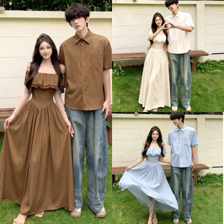 (FCSD02XN) Set đồ đôi maxi 3 màu xanh nhạt, nâu, kem bèo vai siêu xinh đi biển - FOREVER COUPLE