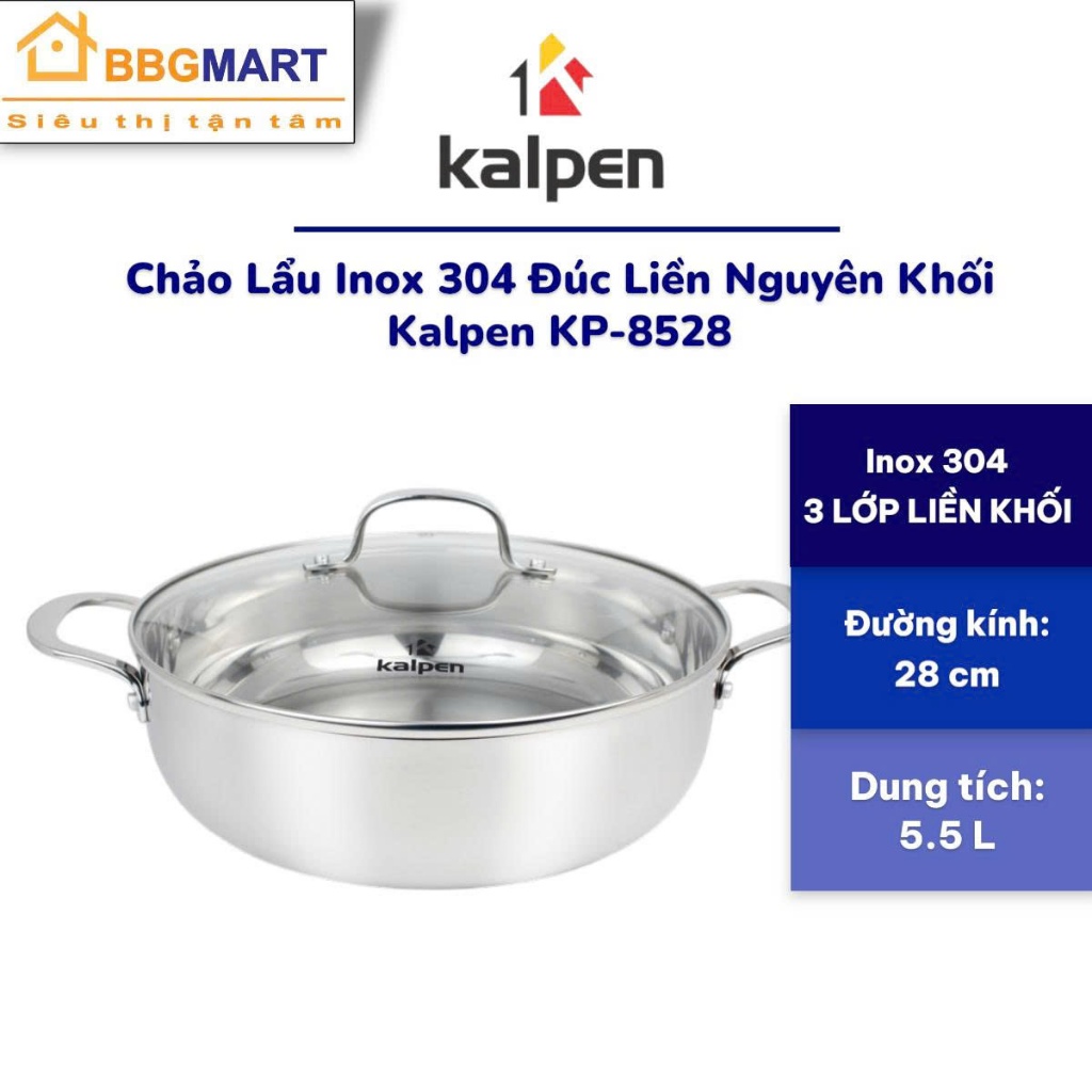 Chảo Lẩu Inox 304 Đúc Liền Nguyên Khối Kalpen KP-8528 28CM II KP-8528 II Orkin 30cm OR-HT3 3 ĐÁY