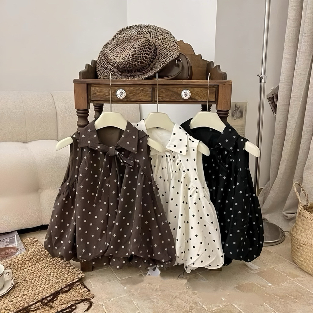Áo Babydoll Nơ Cổ Sát Nách Chấm Bi Dễ Thương Almira