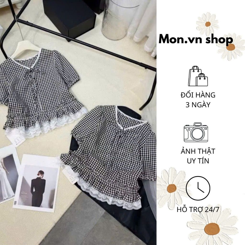 Áo Kiểu Nữ Kẻ Caro Viền Bèo Phối Ren – Style Vintage Nữ Tính Dễ Thương mặc đi chơi, đi làm MON SHOP