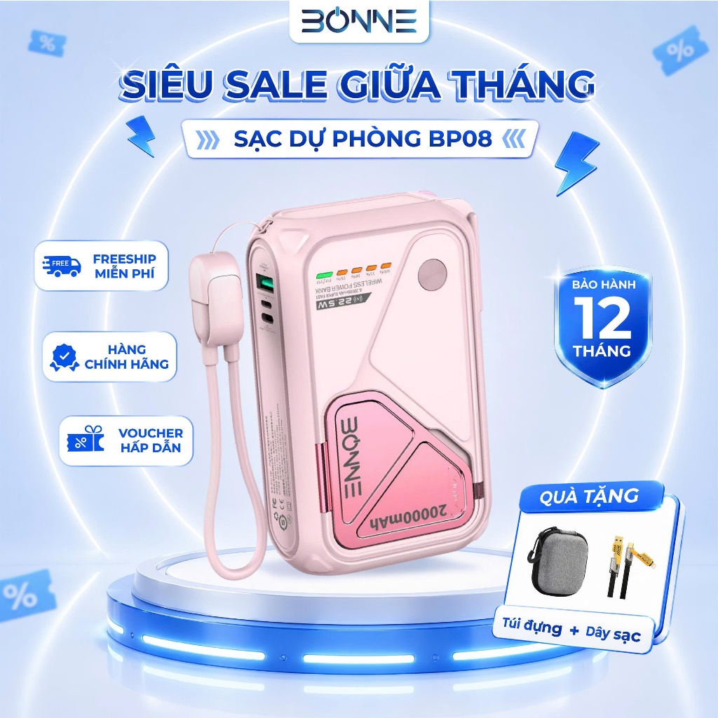 [TẶNG DÂY SẠC 4IN1+ TÚI ĐỰNG] Sạc Dự Phòng BP08, Củ Sạc Nhanh BONNE BP08 10.000 mAh 20.000 mAh Hỗ Tr