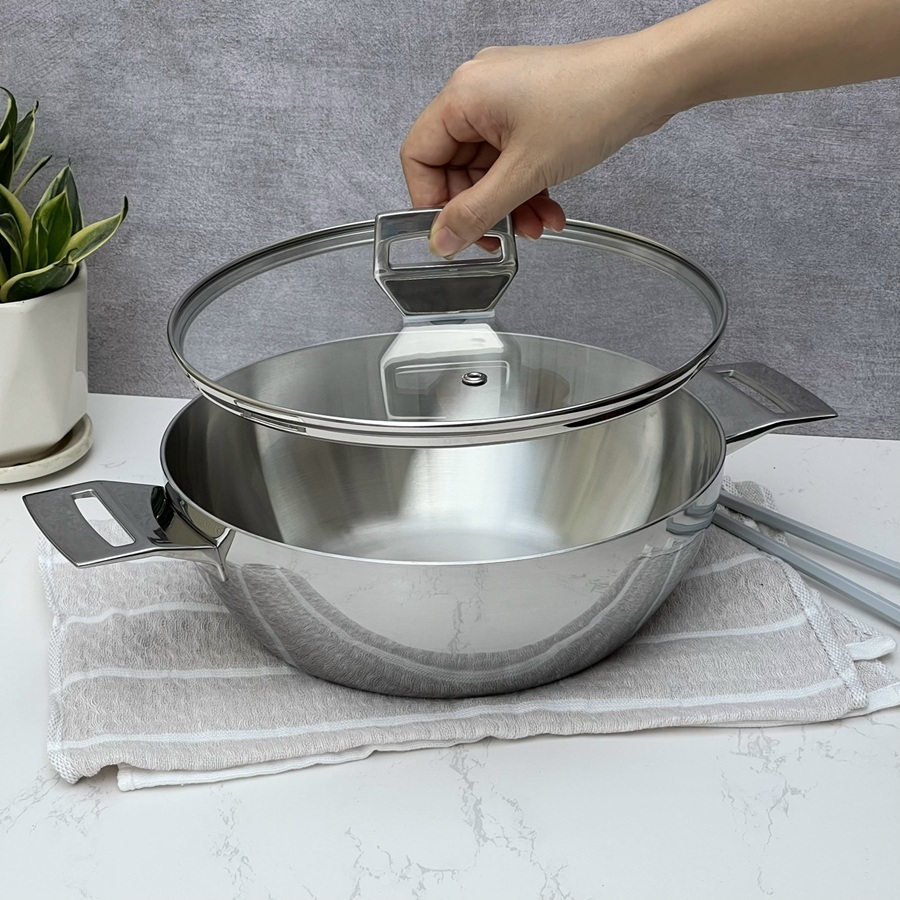 Chảo sâu lòng 2 quai inox 304 đáy từ 3 lớp đúc liền khối Tri-Ply Kaiyo KDW-3611 24cm / KDW-3628 26cm