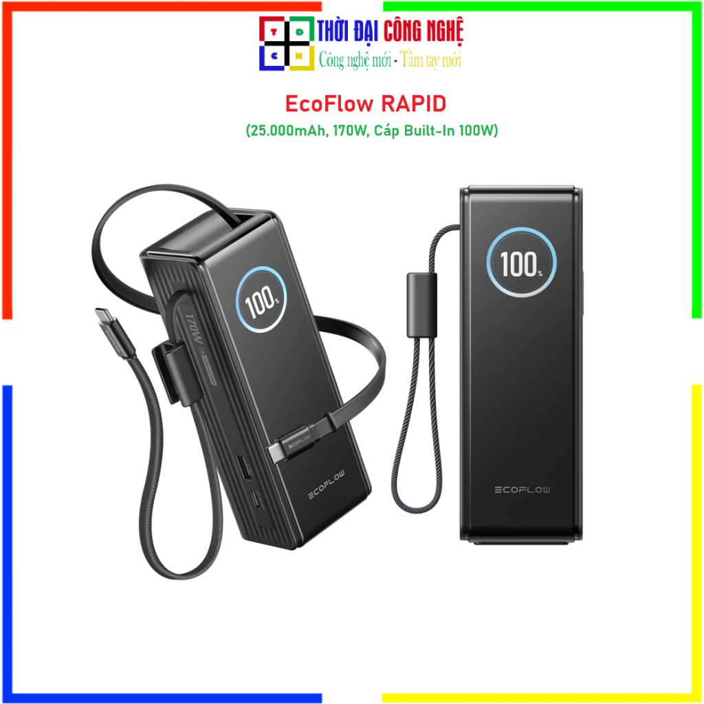 Pin Dự Phòng EcoFlow RAPID 25000mAh 170W Cáp Sạc Sẵn 100W - Cục Sạc Dự Phòng Bảo Hành 24 Tháng