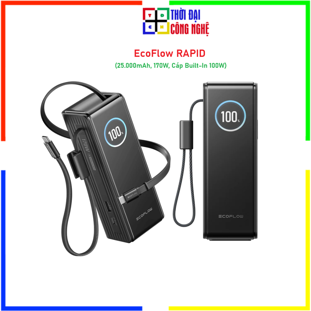 Pin Sạc Dự Phòng EcoFlow RAPID 25000mAh 170W | Cáp Tích Hợp Built-In Type C 100W | Bảo Hành 24