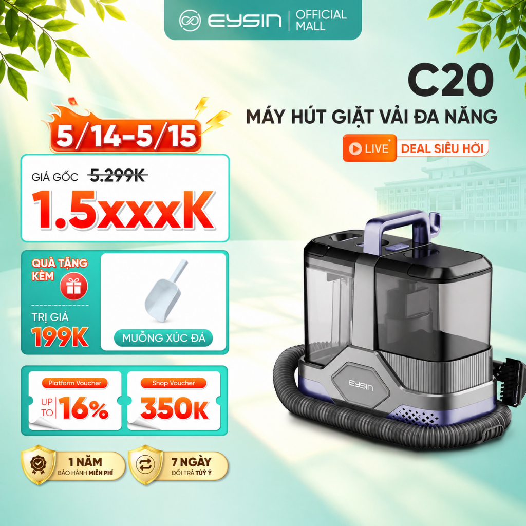 Máy hút giặt EYSIN C20 giặt sofa lực hút mạnh 20000PA đa năng hút ướt và khô, tự làm sạch, khử trùng