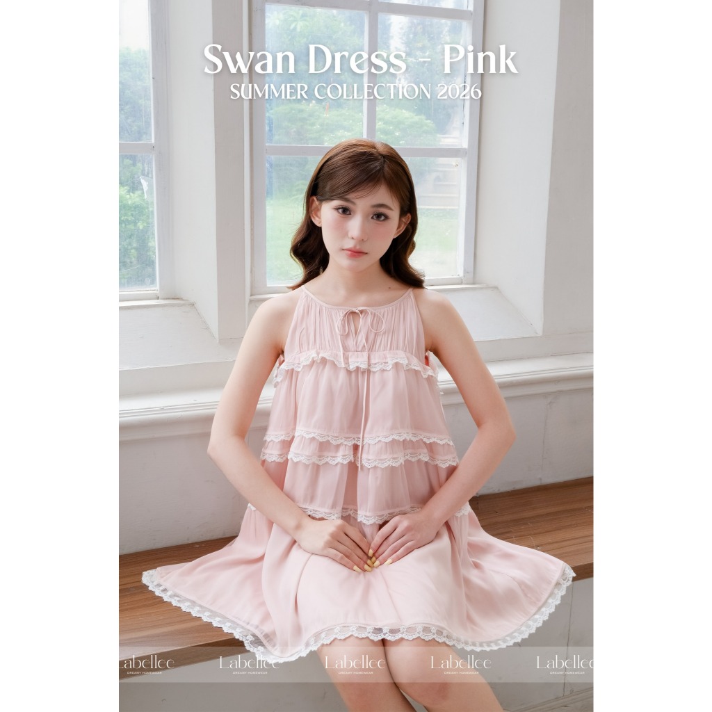 Váy ngủ dáng babydoll phối ren Labellee vải voan tơ màu hồng mềm mại, thoải mái, dễ thương