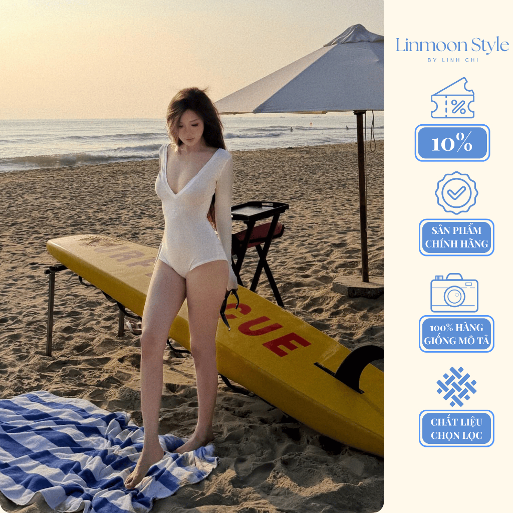 Bikini Liền Thân Tay Dài Cổ Tim Gợi Cảm Đồ Bơi Nữ Kín Đáo Tôn Dáng Đi Biển Resort Phong Cách Hàn Quốc