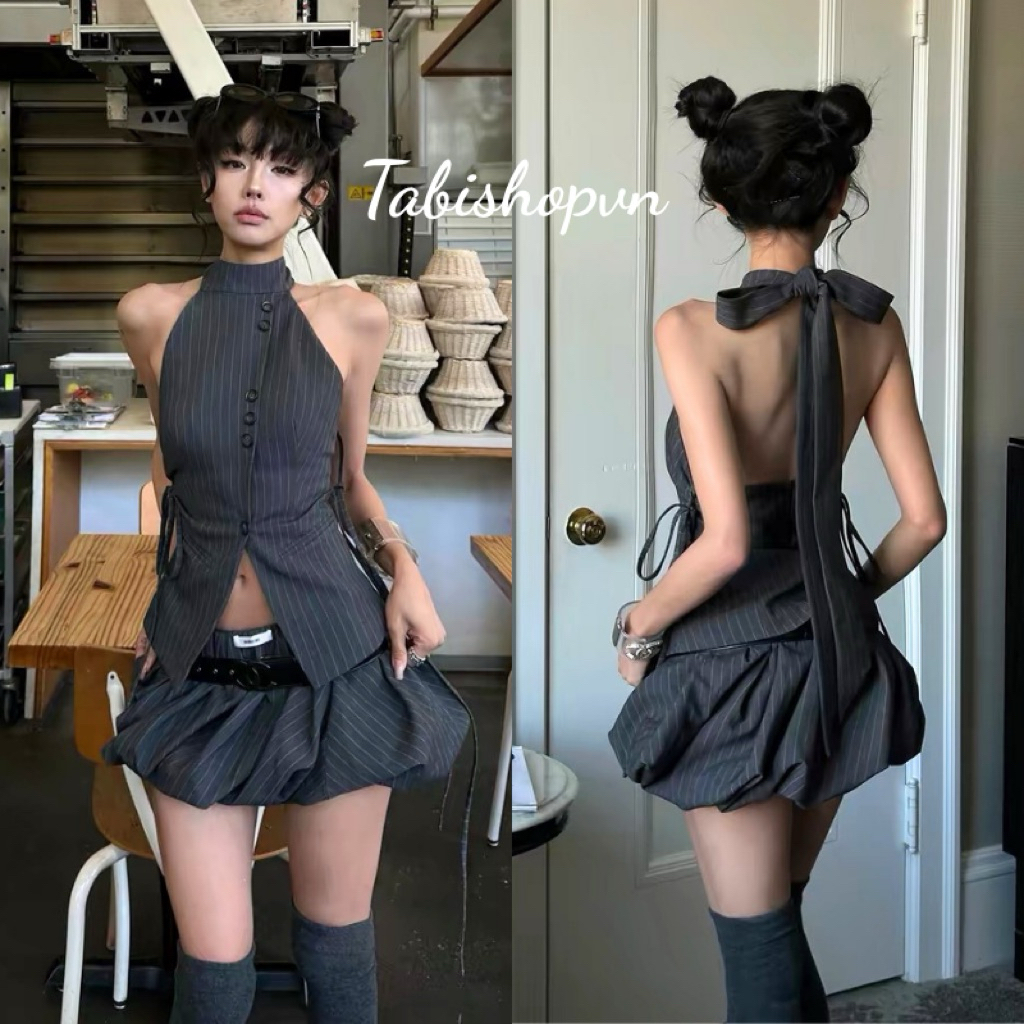 Set áo yếm sọc cut out kèm  váy bí TABISHOP Set đồ nữ cá tính cool girl lạ mắt(334) | BigBuy360 - bigbuy360.vn